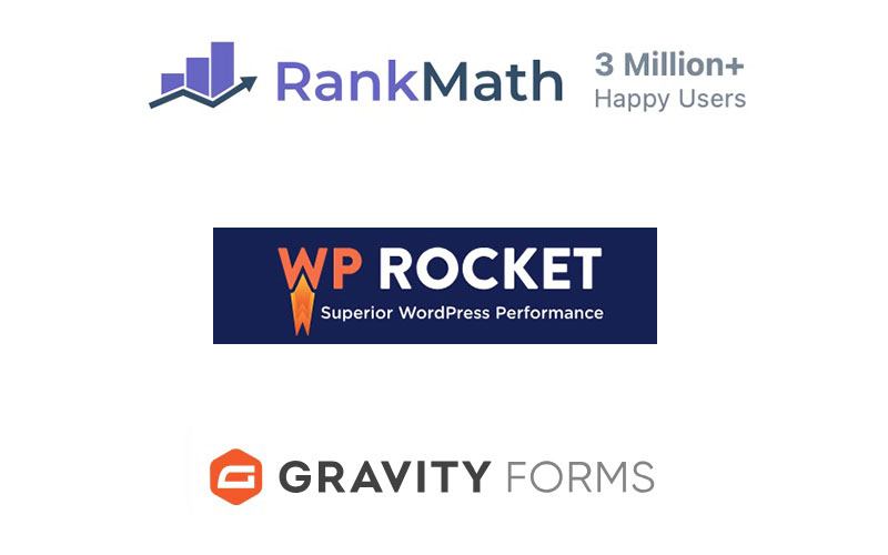 Rank Math SEO, WP Rocket, and Gravity Forms Logos