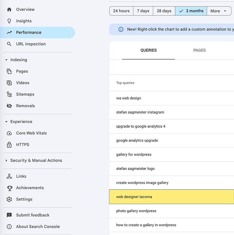 Web designer in Tacoma results in Google Search Console