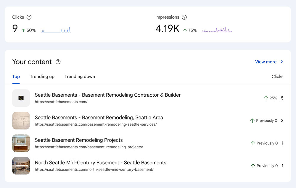 Google Search Console SEO and AI Search data for Seattle Basements